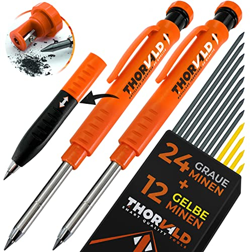 THORVALD 2 Crayon Chantier PRO EXTENSIBLE (+ 38 MINE Multi-Supports + Taille Mine + Grip Easy-write) Porte Mine pour Menuisier, Bricolage, Dessin, Tracer sur Bois, Metal, Béton, Carrelage