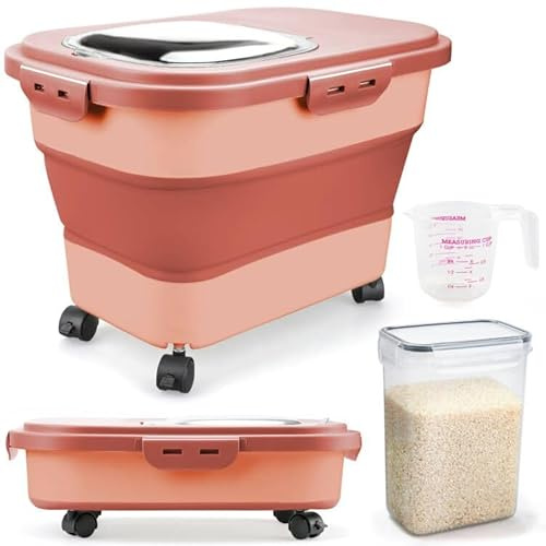 Komzon Rice Storage Containers, Collapsible 20 to 30Lbs Food Storage Bin Dispenser with Rolling Wheel and Clear Airtight Lid, BPA Free Flour, Sugar, Cereal and Dog Cat Pet food Containers