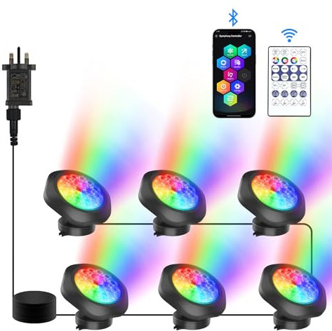 NATPOW Pond Lights, RGB Underwater Spotlights Mains Powered, Aquarium Lights with Bluetooth APP Control, IP68 Waterproof Submersible Landscape Spotlights for Garden, Yard, Pool, Fountain(6 in 1)
