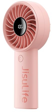 JISULIFE Mini ventilateur portable 5000 mAh avec vent puissant, mini ventilateur rechargeable par USB avec affichage numérique, 5 vitesses de vent, idéal pour les voyages, l'école, les cils - Rose