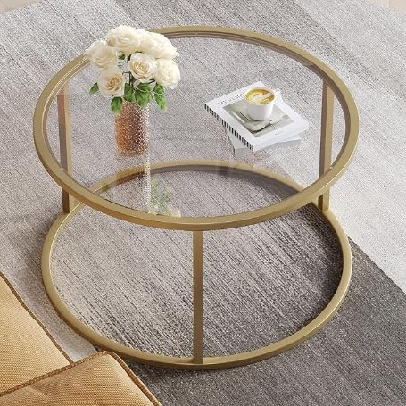 SAYGOER Small Glass Coffee Table Round Gold Coffee Table for Small Space Modern Simple Center Table with Gold Frame for Living Room Home Office, Easy Assembly