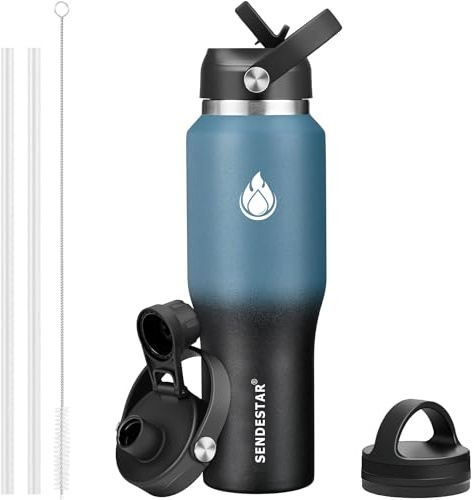 SENDESTAR 40oz Stainless Steel Water Bottle(Cold for 48 Hrs, Hot for 24 Hrs),Double Wall Vacuum Insulated Bottle with Straw Lid, Spout Lid and Flex Cap, Fit in Any Car Cup Holder，Cyanotic B