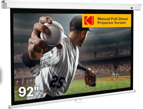 Kodak Manual Pull-Down White Projector Screen 92 Inch | Large 16:9 Office, Home Movie Theater Screen with Wall & Ceiling Mount Options, Easy-Clean Matte Fabric & Retractable Hanging Design | Indoor.