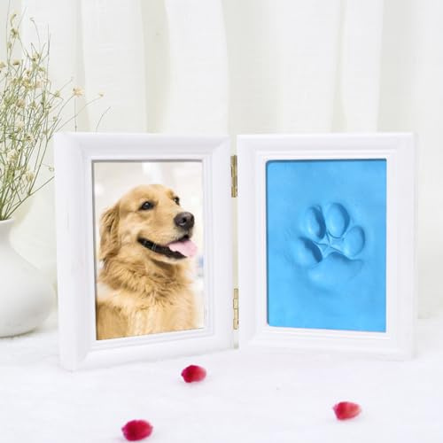 Tiardey Dog and Cat Paw Print Set,Wooden Photo Frame,3D Plaster Cast - Keepsake Box,Pet Pawprints Photo Frame and Impression Set,Wall Decor