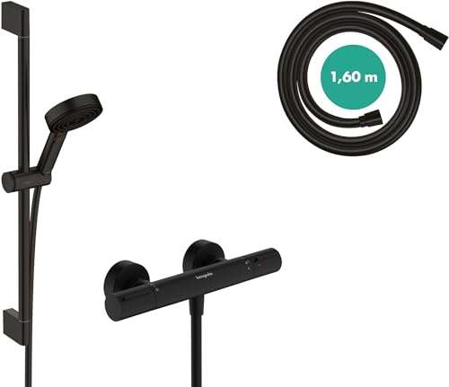 hansgrohe Pulsify Select S - vattenbesparande Duschset med duschtermostat Ecostat Element, Duschhuvud 8,2 l/min (Ecosmart), Duschstång 65 cm, Duschslang 160 cm och Hållare, matt svart, 24272670