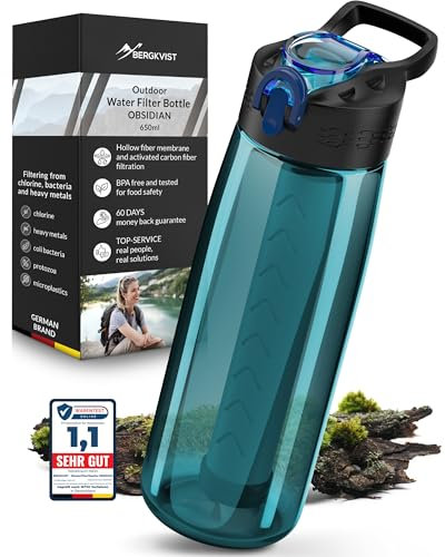 BERGKVIST® Gourde filtrante d'eau extérieure OBSIDIAN (650ml) - Bouteille filtrante pour une eau potable propre - Traitement de l'eau pour l'équipement de camping et de survie - turquoise