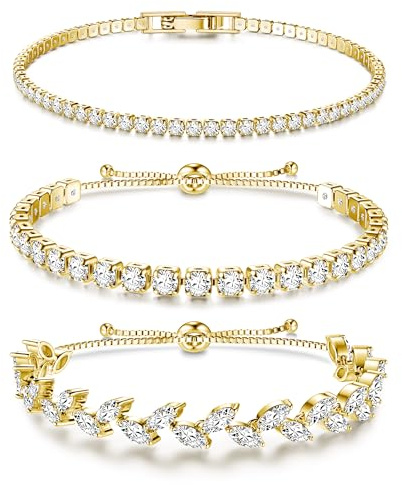 Dochais 3 stycken guld tennisarmband, glänsande damarmband, öppna manschetter, kubisk zirkonia-armband, kristall dam tennisarmband för kvinnor present smycken