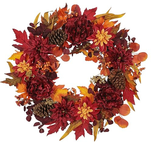 Briful 24 Autumn Wreath for Front Door - 60CM Artificial Dahlia Flower Silk Peony Wreaths - Autumn Flower Wreath with Natural Pinecones for Indoor Window Wall Thanksgiving Fall Decorations
