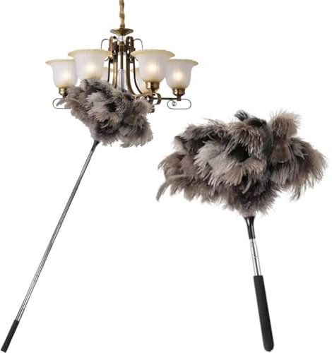 Plumero telescópico de plumas de avestruz, 120 cm, suave, antiestático, con mango telescópico para limpiar el polvo sin esfuerzo, plumero largo extensible, lavable, para ventilador de techo