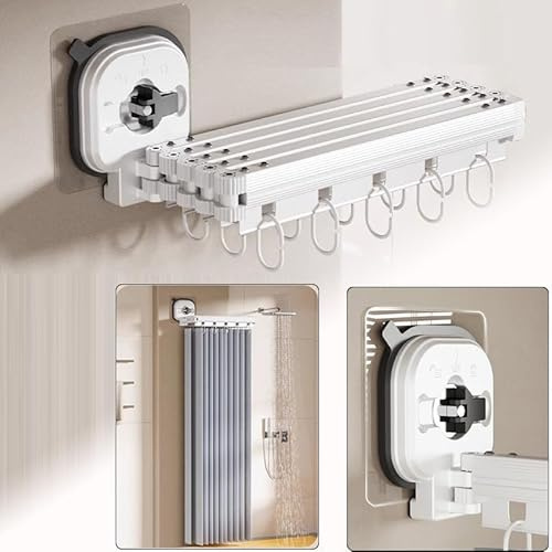 Faltbare Duschvorhangstange mit Duschvorhang(1.8x2M), Wandmontage Eckvorhangstangen mit 12 Vorhangringen, 5-fold Klappbare Duschvorhangstange für Badezimmer ohne Bohren (Saugnapf)