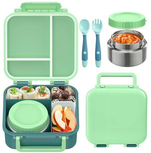 BEAQUEE Bento Box for Kids with Soup Thermos(9oz)– Kid Bento Lunch Box with Leak Proof Insulated Food Jar, Hot & Cold Lunch Container Set for School Girls Boys, 4-Compartments, Dishwasher Safe, Green