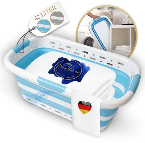 Homellence Corbeille à Linge Pliable 42L avec Trous de Ventilation - Panier à Linge Pliable - Grande Bassine Plastique Portable pour Linge Sale et Propre avec 3 Poignées - 65x40x27/8,5cm (Bleu)