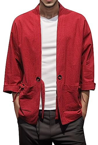Generisch Veste traditionnelle pour homme, style rétro, cardigan fin et ample, kimono, robe japonaise, 7 manches coupées, manteau, grande taille, string rétro, cardigan pour homme, rouge, XL