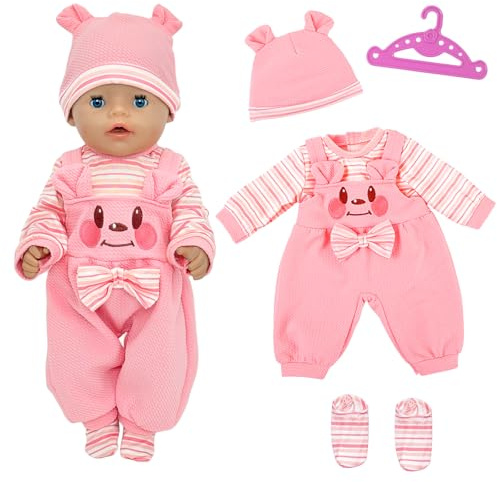 Doll Clothes for 16-18 Inch Dolls, New Born Baby Doll 40-45cm Doll Outfits Clothes, 1 Ear Hat 1 Pink Bear Jumpsuit 1 Hanger 1 Pair Striped Doll Socks, Sweet Doll Clothing Set for Kids Gift