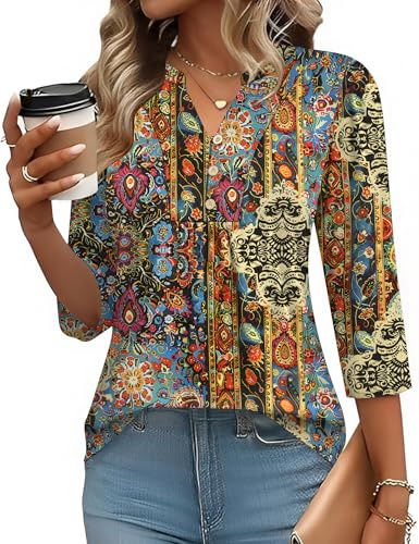 IECCP Blusa para mujer, manga 3/4, cuello de pico, túnica, camiseta de verano, informal, elegante, con botones, Estampado étnico, XL