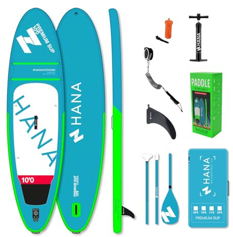 HANA Outdoors 10'0 Premium Paddle Gonflable – Pack Sup Complet – Planche Stand Up Paddle Hyper Stable & Légère - Accessoires Inclus : Pagaie, Pompe, Sac, Leash – Idéal Balade, Surf, Yoga & Kayak