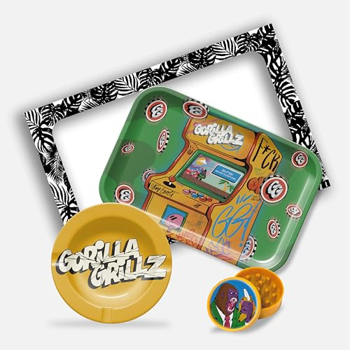 Gorilla Grillz Rökningssats, komplett rullbricka med askfat och biologiskt nedbrytbar kvarn, rökare paket med olika tillbehör (arkad, 31 x 21)