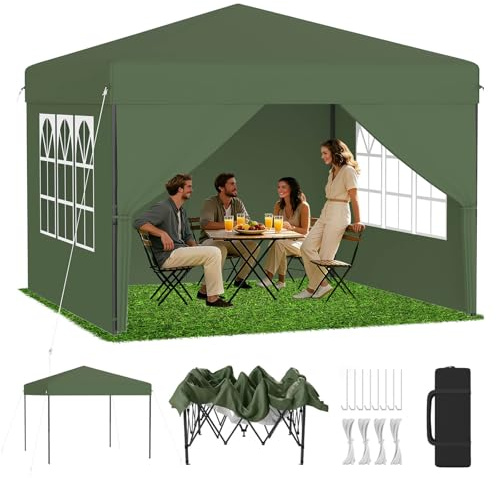 LZQ Premium pop-up paviljong 3 x 3 m med en knapptryckning, hopfällbar paviljong trädgårdspaviljong, festtält, vikbart med 3-vägs höjdjustering 240–260 cm, fälltält med sidoväggar och bärväska, grön