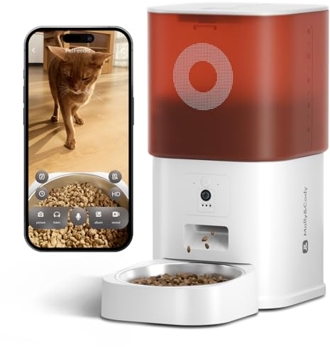 Distributore Automatico Cibo Gatti con Telecamera HD, Dispenser 6L WiFi 2.4G con App, Audio Bidirezionale e Visione Notturna, Timer, Doppia Alimentazione, Ciotola Inox (Bianco)