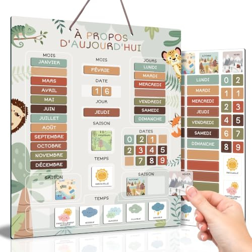 BIROYAL Calendrier Enfant Éducatif Magnétique pour Mur ou Frigo, semainier enfant, Calendrier Magnétique pour Enfants avec Saisons, Temps & Dates, 46 Étiquettes, Outil d'apprentissage Ludique, 40x33cm