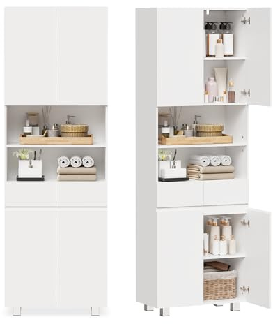 ANWBROAD Armario Alto de Baño,Mueble Columna de Baño con Estantes Ajustables,2 Cajón,Kit Antivuelco,Mueble Auxiliar de Almacenaje,para Cocina,Salón,30x60x180 cm,Blanco SBC012W