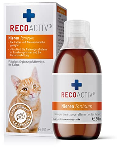 RECOACTIV Nieren Tonicum für Katzen, 1 x 90 ml, bei Anzeichen Einer Nierenfunktionsstörung, in der Rekonvaleszenz und zur Prophylaxe. Hochwertiges Protein, Appetit anregendes Ergänzungsfuttermittel