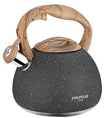 POLIVIAR Tea Kettle, 2.7 Quart Natural Stone Finish with Wood Pattern Handle Loud Whistle Food Grade Stainless Steel Teapot, Anti-Hot Handle and Anti-Rust, Suitable for All Heat Sources (JX2018-GR20)