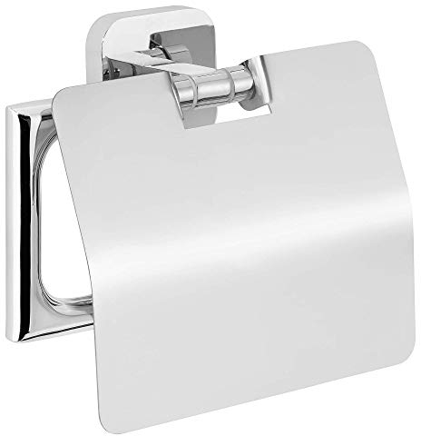 tesa ELEGAANT Toilettenpapierhalter mit Deckel, verchromt - zur Wandbefestigung ohne Bohren, inkl. Klebelösung - 132mm x 135mm x 48mm