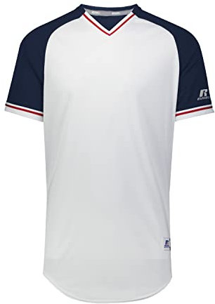 Russell Athletic Men's Classic V-Neck Baseball Jersey: Vintage Appeal, with Dri-Power Moisture-Wicking Shirt, White/Navy/True Red, Large