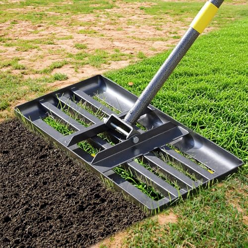 Rastrello livellatore per prato, rastrello regolabile con manico lungo da 1,8 m, nero, resistente, manico in acciaio inox da 2,5 cm di diametro, strumento livellatore per prato, terreno, erba, campo