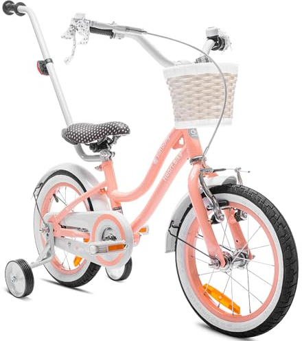 sun baby Heart Bike Vélo Enfant Fille 14 Pouces, dès 3 Ans, avec roulettes stabilisatrices, Barre de poussée, Panier, Sonnette, Frein V-Brake (Abricot, 14 Pouces)