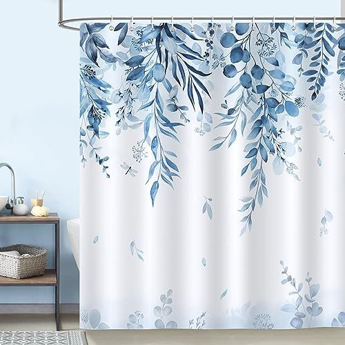 Bonhause Cortina de Ducha Eucalipto Hojas Azules Planta Cortina de Baño de Poliéster Impermeable Antimoho Lavable Cortina Ducha 180 x 180 cm con 12 Ganchos