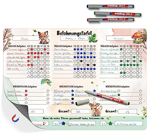 TOBJA XL Belohnungstafel Kinder A3 - Motiviert Kinder spielerisch zum Erfolg! | Belohnungstafel Kinder ab 3 bis 10 Jahre | Belohnungssystem magnetisch inkl. 4 Bunte Markenstifte