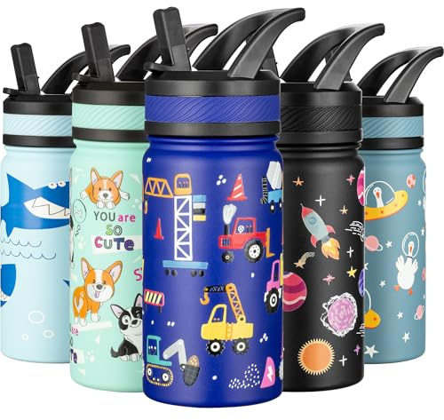 Fanhaw 14 Oz Kids Insulated Water Bottle with Straw - Stainless Steel Double Wall Vacuum Cup, Leakproof, BPA Free, Suitable for Boys and Girls(Blue - Under Construction)