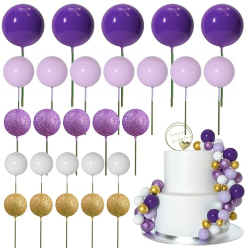 ASTARON 50 Pcs Ball Cake Topper Sticks Mini Balloons for Cake Decorating Supplies Foam Balls Cake decorations for Baby Shower Cake Birthday Cake Toppers Decorations (Purple Series)