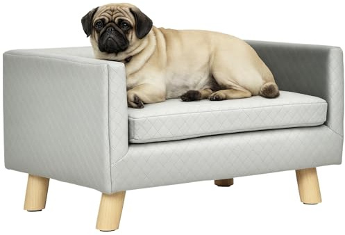 PawHut Divano per Cani e Gatti con Design Scandinavo e Cuscino Imbottito, Cuccia per Animali da Interno in Velluto e Legno, 64x45x36cm, Grigio