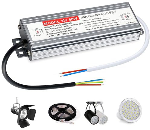 Bordeag - Transformador LED 12 V 60 W 5 A, fuente de alimentación impermeable IP67, transformador LED, controlador LED AC200-240 V, transformador exterior de tensión constante para iluminación LED