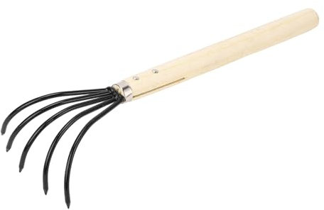 Râteau à Main, 5 Dents en Acier, Manche Ergonomique en Bois, râteau de Jardin à Griffes, Prise en Main Confortable, Facile à Utiliser, pour cultiver, Labourer et aérer Le Sol.