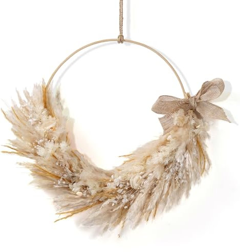 Optyuwah Trockenblumenkranz mit Holz Metallring und Juteschleife, ø30cmTrockenblumen Boho Fensterdeko Hängedeko Blumenkranz Türkranz Trockenblumenring für Wand,Tür,Fenster,Party Deko