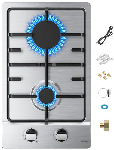 WEHIMO Gaskochfeld 2 Flammig, Edelstahl Einbau-Gaskochfeld, 30cm, 3700W, 2 Kochzonen (2700W+1000W), Domino Gaskochfeld für Propangas und Erdgas, Geeignet für Alle Töpfe