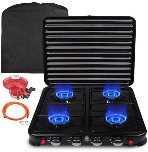 8.8KW Réchaud Gaz 4 Feux, Réchaud à Gaz de Camping Portable Avec Allumage Piezo et Régulateur, Réchaud de Camping Réchaud Extérieur pour Cuisine Plein Randonnée Camping Pêche Pique Nique (Pur Noir)