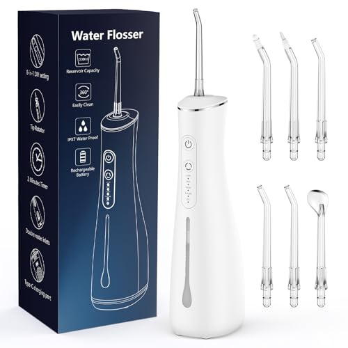 Water Flosser for Teeth Cordless Rechargeable with 4 Jet Tips 300ML Water Tank IPX7 Waterproof for Travel Home (White)