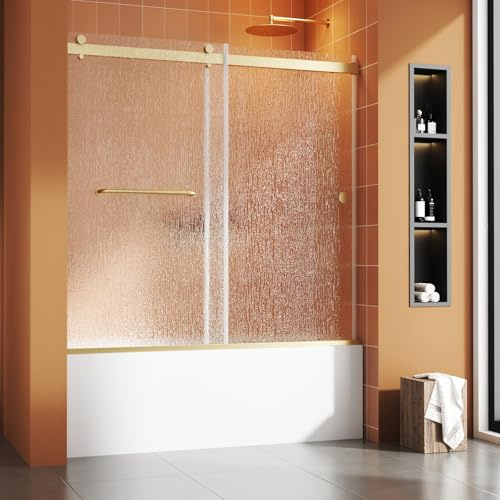 Foskbaths Bathtub Sliding Door 60 W x 56 H, Tub Shower Door, Frameless Bypass Double Sliding Door Tempered Rain Glass with Explosion-Proof Film Brushed Gold