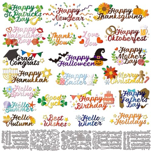GLOBLELAND Holiday Greetings Cutting Dies for Card Making | Festive Season Text Metal Die Cuts Halloween Christmas Cutting Die for Scrapbooking Crafts Paper