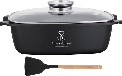 Stone&Stone Teglia da Forno Rettangolare 32 x 11cm | Alluminio e Acciaio | Gas Induzione Forno | Pirofila Rostiera Lasagnera Professionale con Coperchio e Spatola | Rivestimento Antiaderente Tedesco