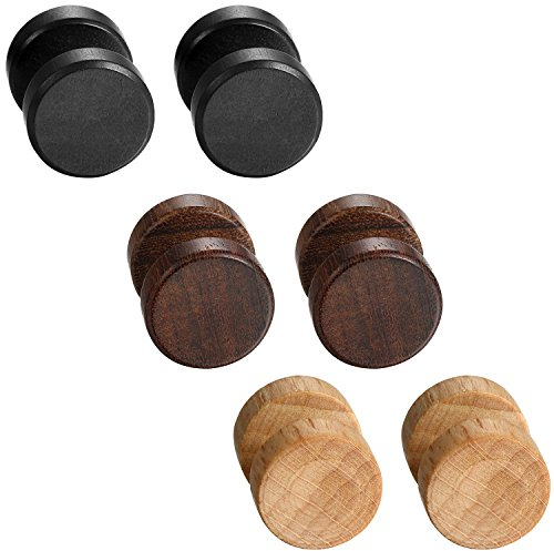 Flongo Holz Ohrstecker 6 Stück 8mm Edelstahl Gestüt Stecker Ohrringe Braun Schwarz Fake Plug Tunnel Piercing Ohrschmuck Herren Damen Set