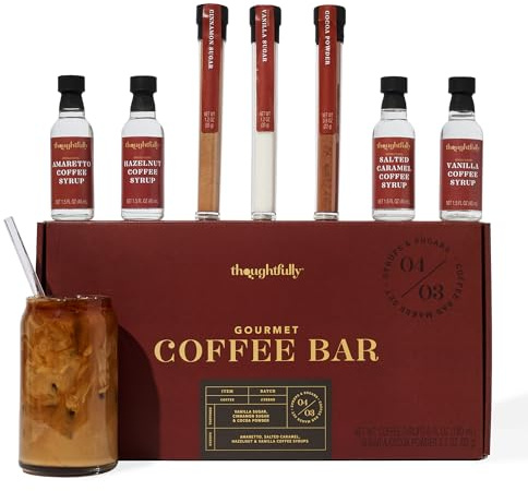 Thoughtfully Gourmet, Coffee Bar Gift Set, Includes 4 Delicious Syrups, 2 Flavored Sugars and 1 Cocoa Powder to Elevate Your Coffee, Set of 7