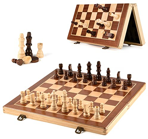 Gibot Magnetisches Schachspiel aus Holz, 2 in 1 Schach und Dame Spiel Holz, Klappbares Schachbrett, Tragbares Schachspiel Hochwertig, Chess Board, Schach für Kinder und Erwachsene, 39 x 39cm