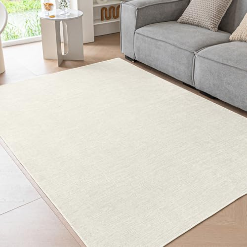 Ceneco Creme Teppich Wohnzimmer Groß - 140×200cm, Kurzflor Teppiche Schlafzimmer, Waschbarer Teppich Kinderzimmer Mädchen, Dünner Chenille Carpet, Rutschfester Tepich für Küche, Esszimmer, Creme