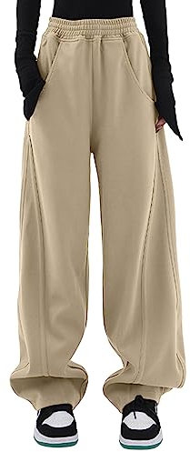 Dokotoo Jogginghose Damen Sporthose Lang Lässige Palazzo Hose Hosen mit Taschen Baggy Elastisch Stoffhose Einfarbig Freizeithose Aprikose L